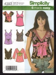 4353 SIMPLICITY 6 EASY BIAS EMPIRE V TOPS, TUNIC, SASH PATTERN 6-14